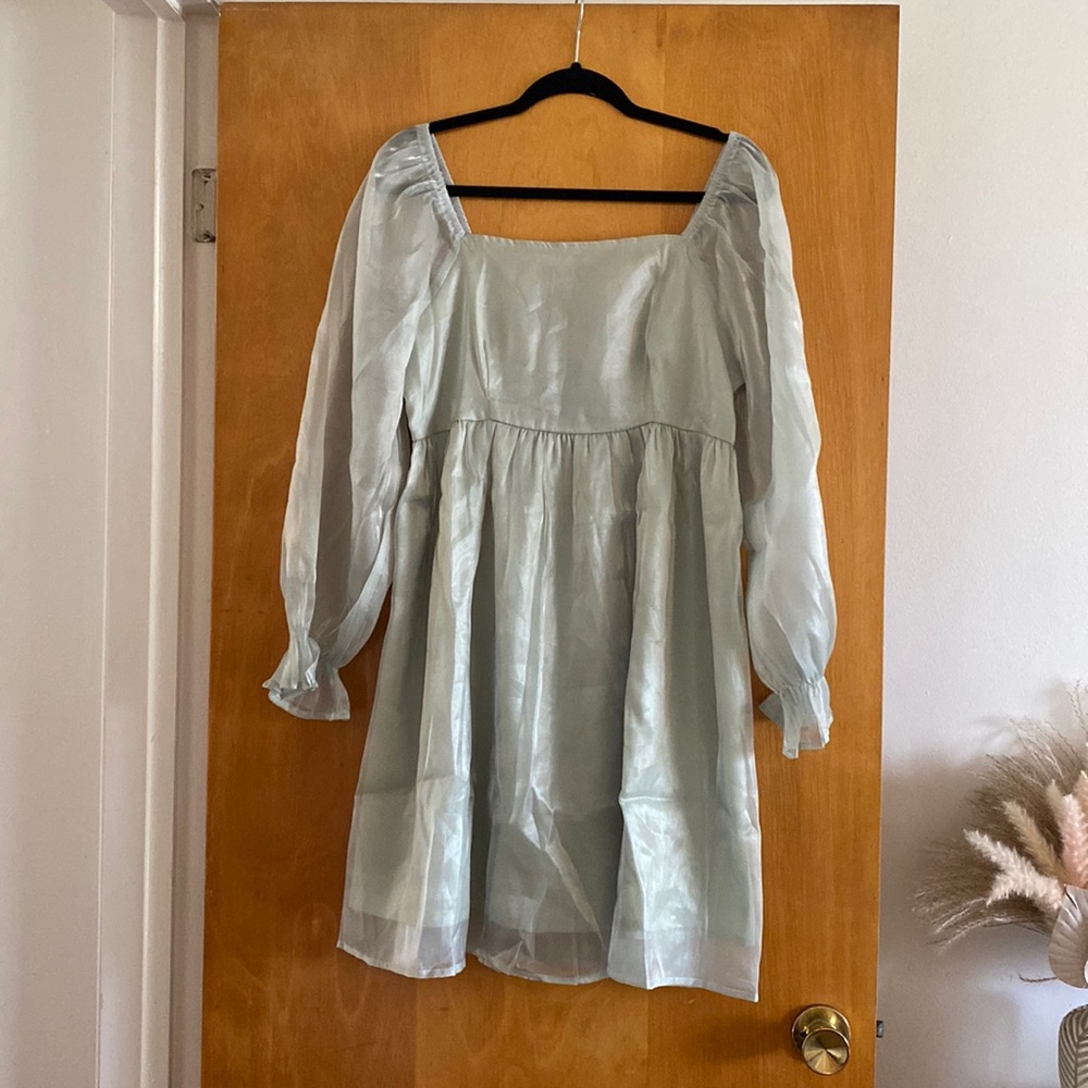Womens Puff Sleeve Square Neck Puffy Dress Babydoll Mesh Mini Dress